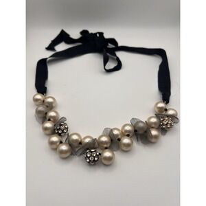 J. Crew Ribbon Pearl Necklace Adjustable Black White Preppy statement